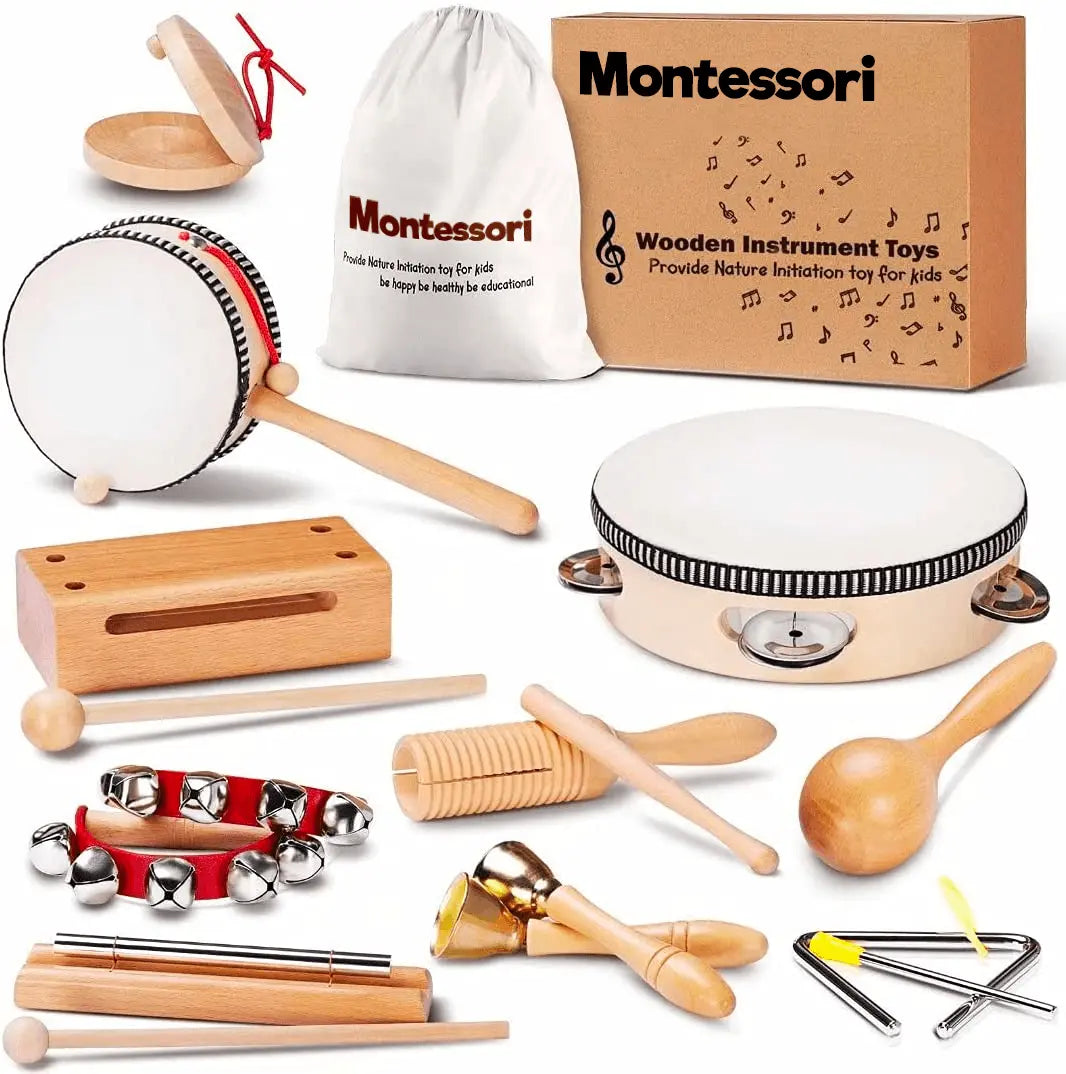 Juego de instrumentos musicales de madera Montessori (10 instrumentos) 