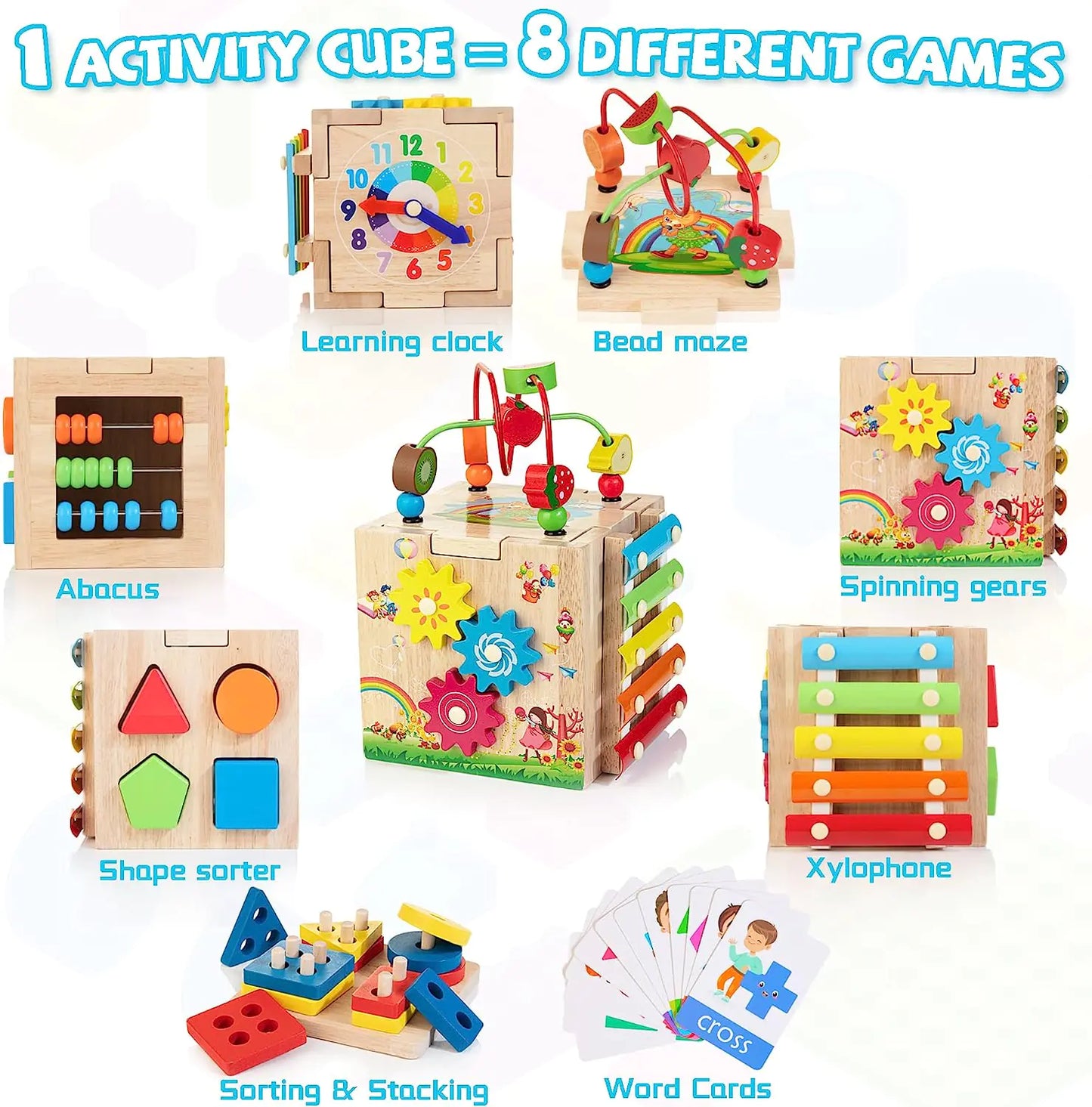 Cube d'Activités en Bois 8-en-1 pour Tout-petits